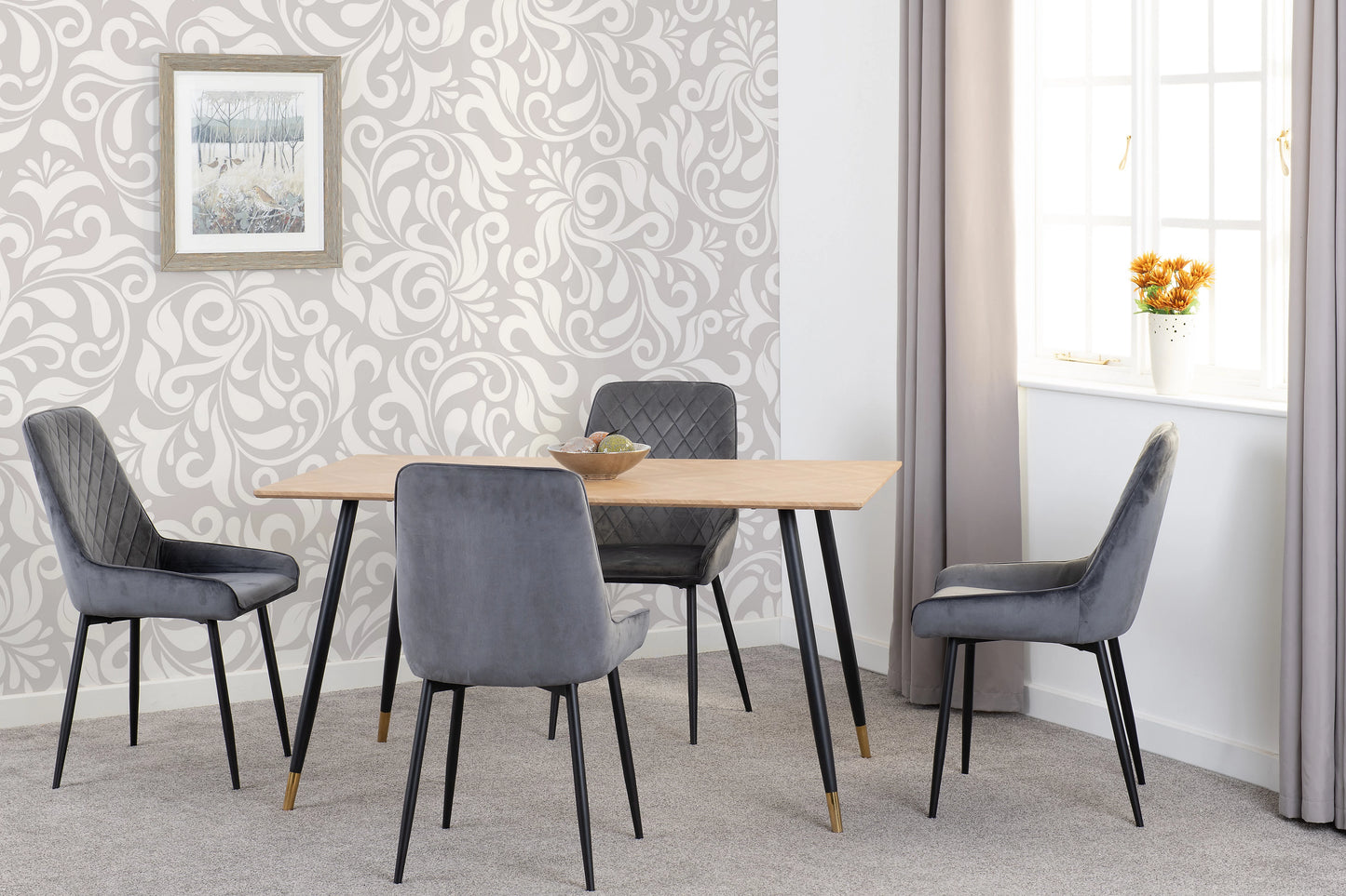 HAMILTON LARGE DINING SET WITH 6 AVERY CHAIRS - MEDIUM OAK EFFECT/GREY VELVET