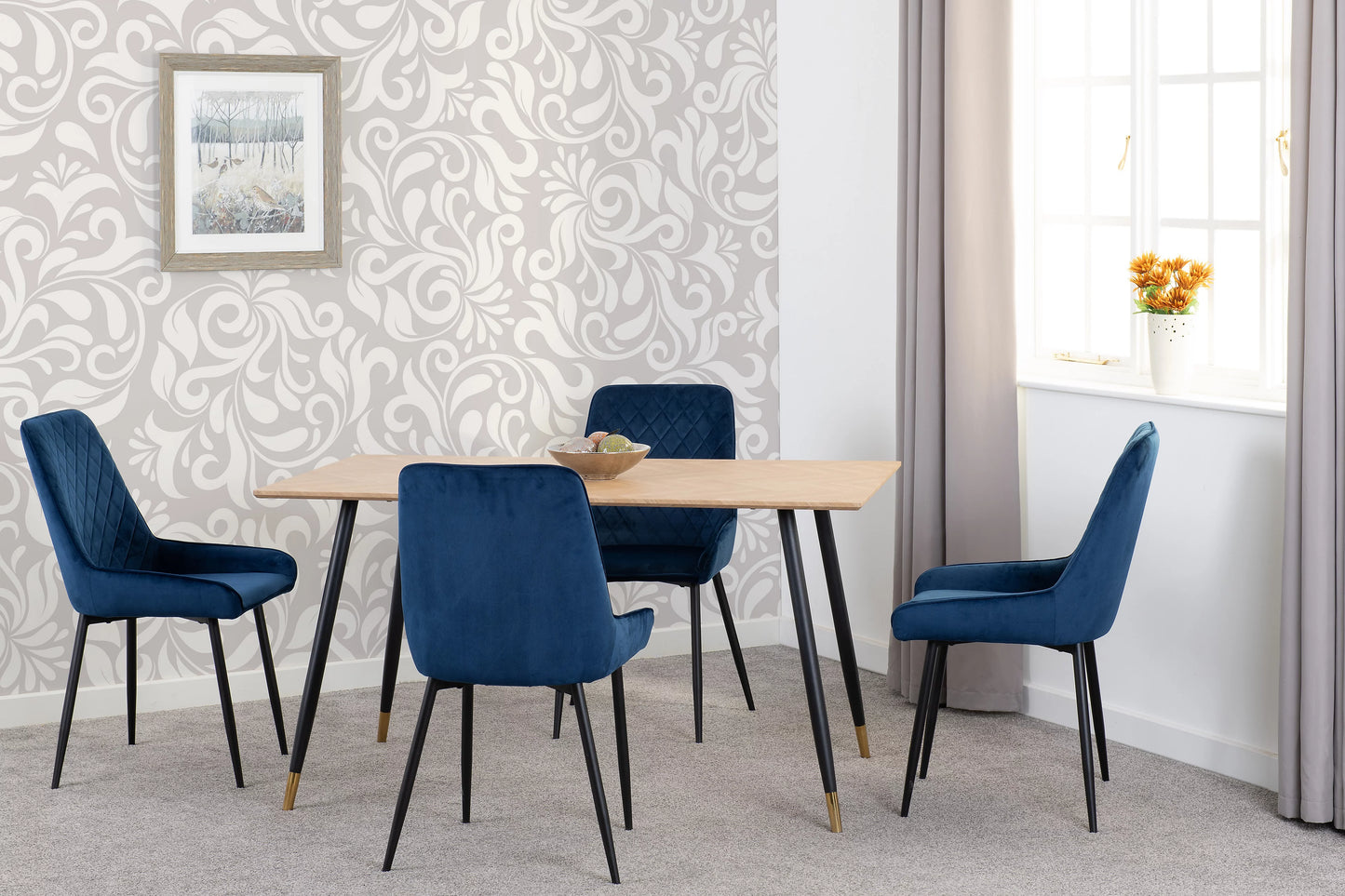 HAMILTON LARGE DINING SET WITH 6 AVERY CHAIRS - MEDIUM OAK EFFECT/SAPPHIRE BLUE VELVET