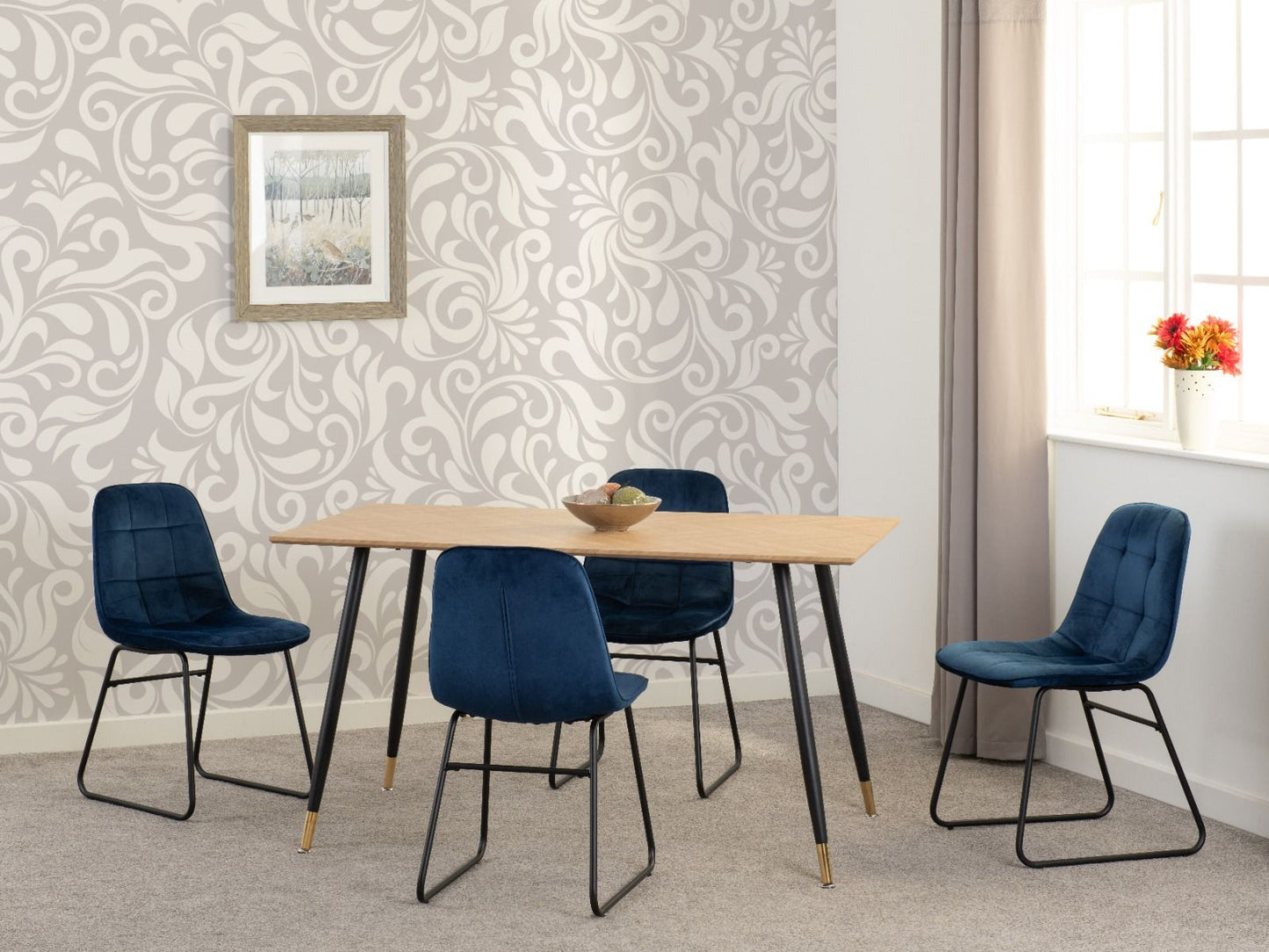 HAMILTON MEDIUM DINING SET WITH 4 LUKAS CHAIRS - MEDIUM OAK EFFECT/SAPPHIRE BLUE VELVET