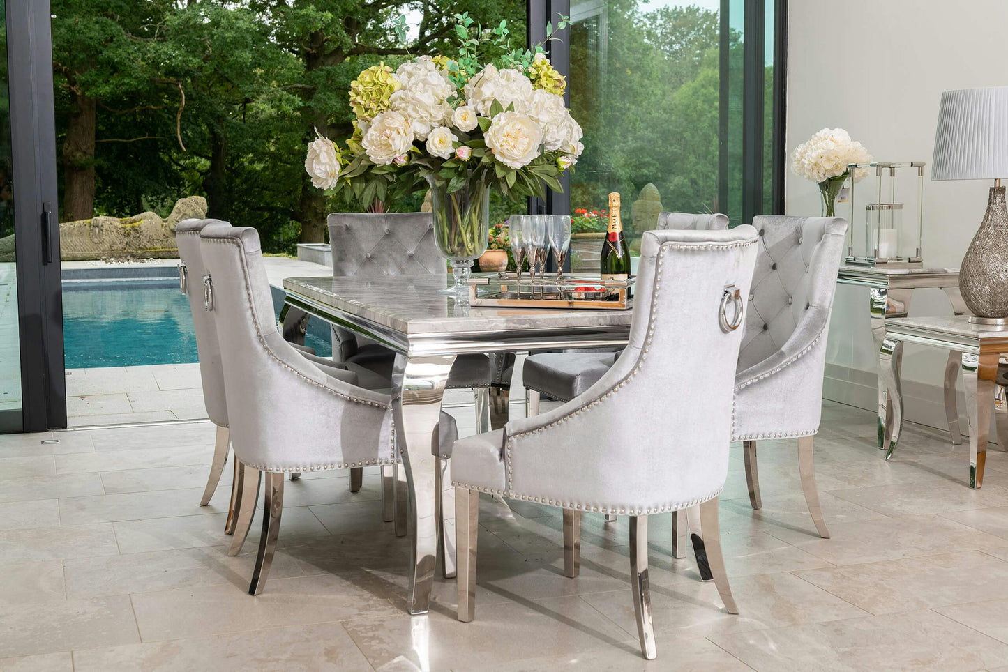 Louis Marble Dining Set with Annabelle Chairs, Silver