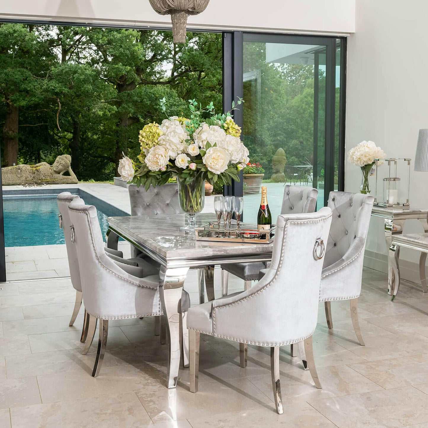 Louis Marble Dining Set with Annabelle Chairs, Silver