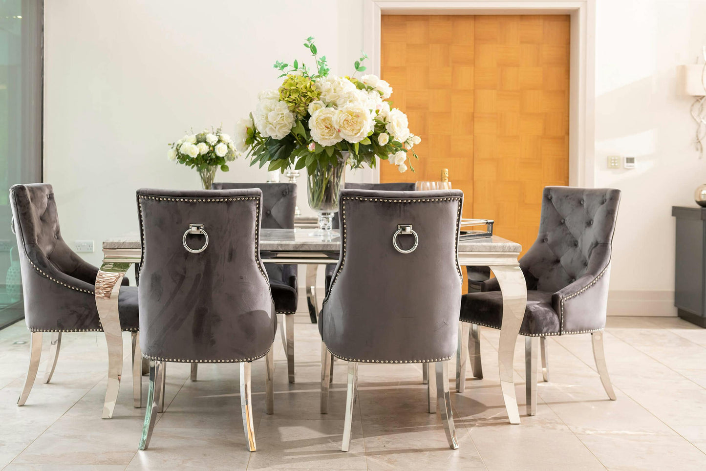 Louis Marble Dining Set with Annabelle Chairs, Dark Grey