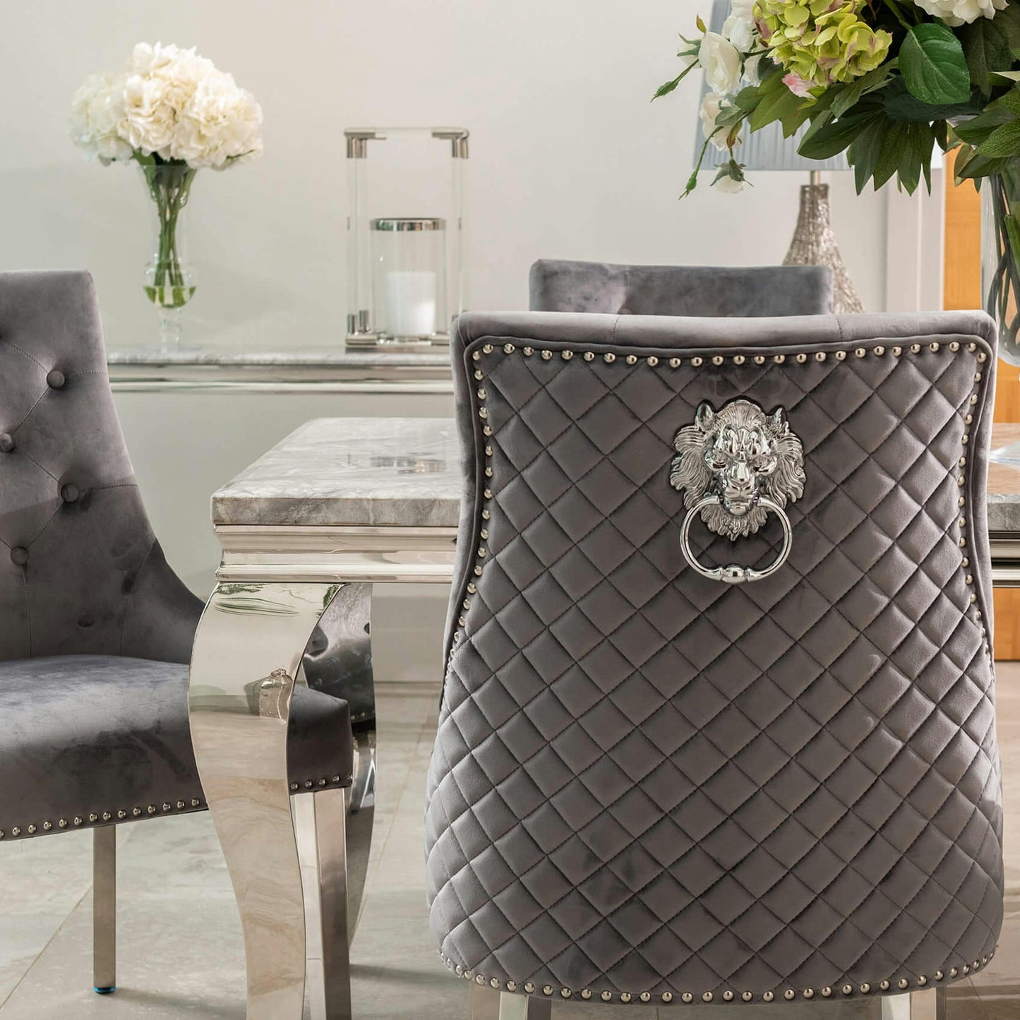 Louis Marble Dining Set with Pleated Lion Chairs in Grey