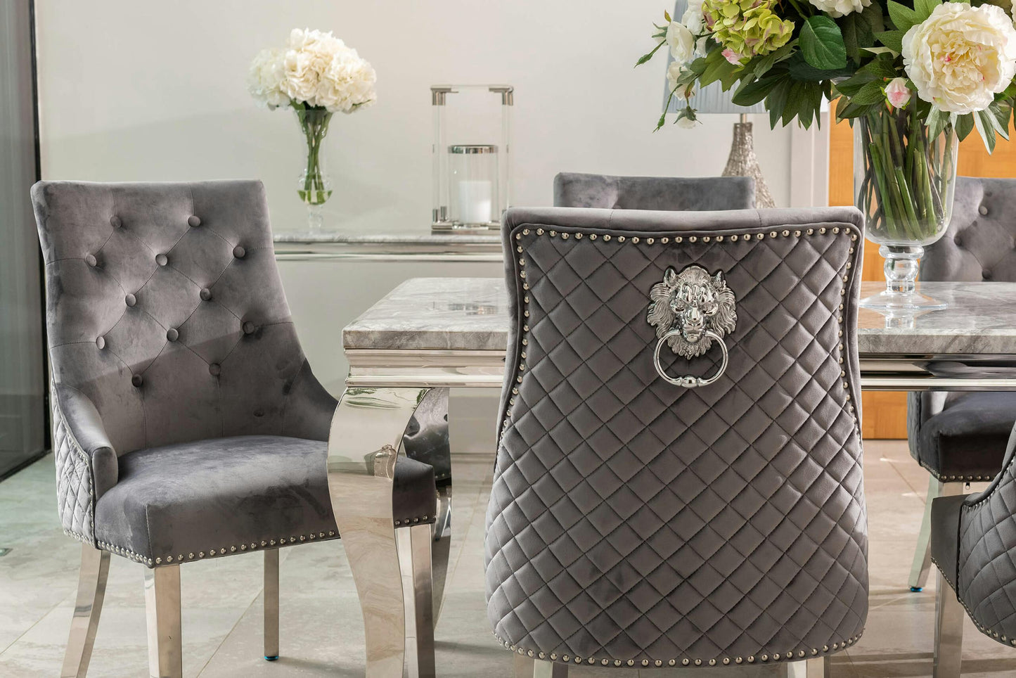 Louis Marble Dining Set with Pleated Lion Chairs in Grey