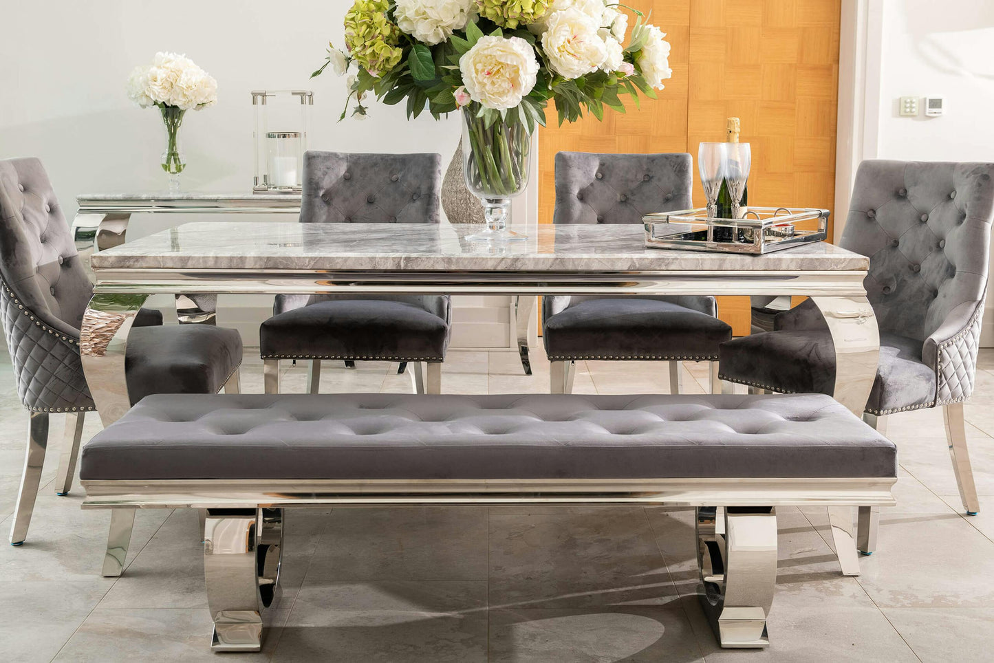 Louis Marble Dining Set with Pleated Lion Chairs in Grey