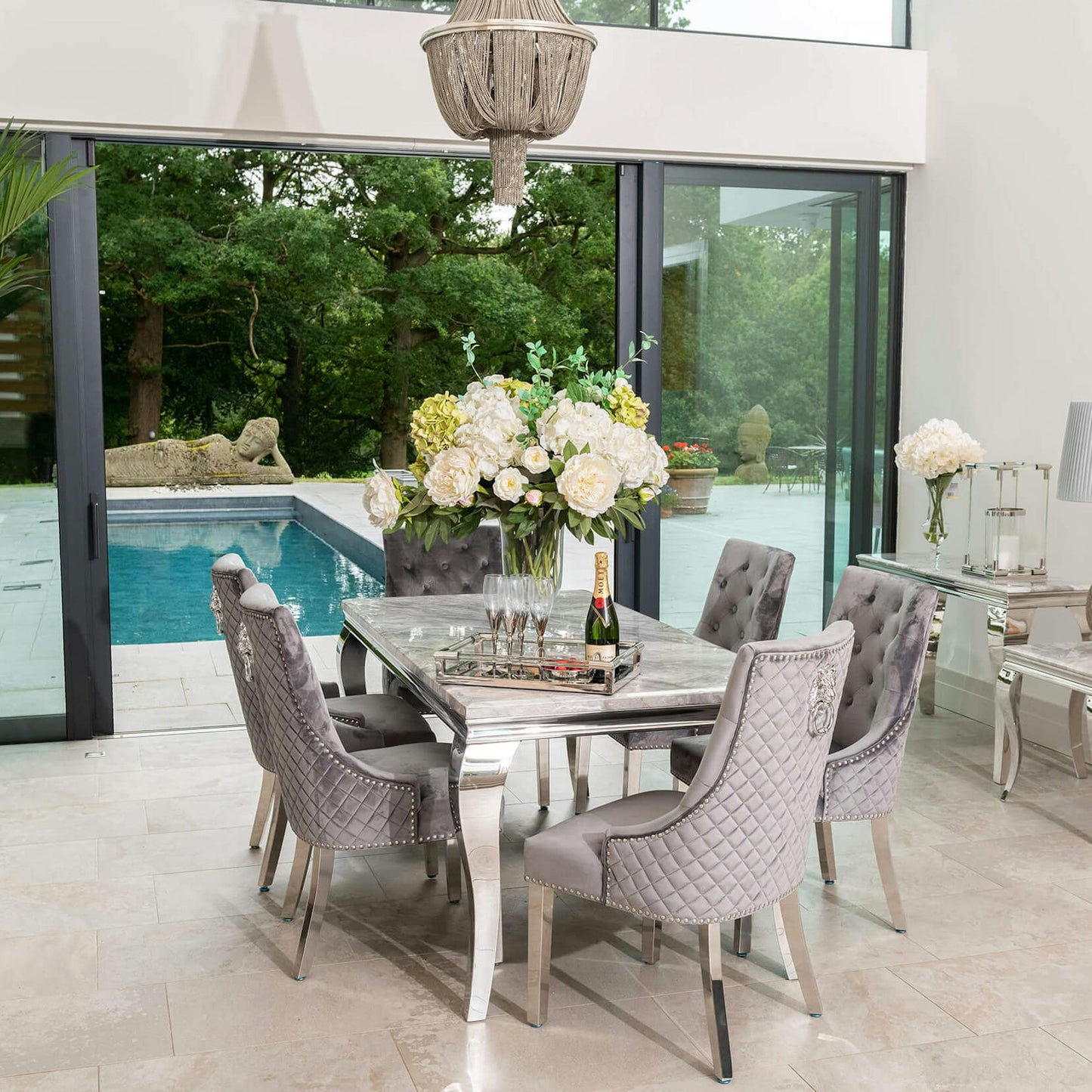 Louis Marble Dining Set with Pleated Lion Chairs in Grey