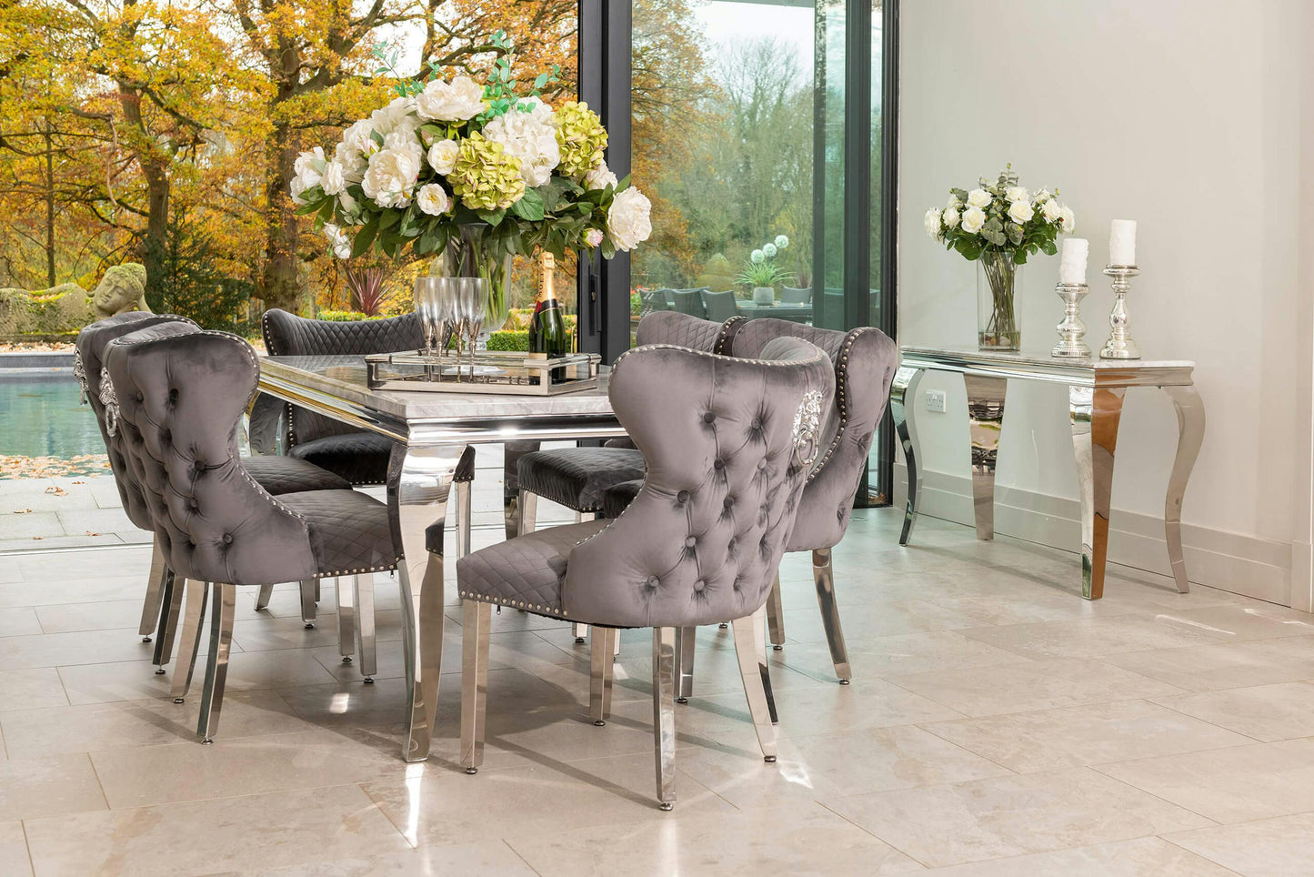 Louis Marble Dining Set with Emperor Chairs, Dark Grey