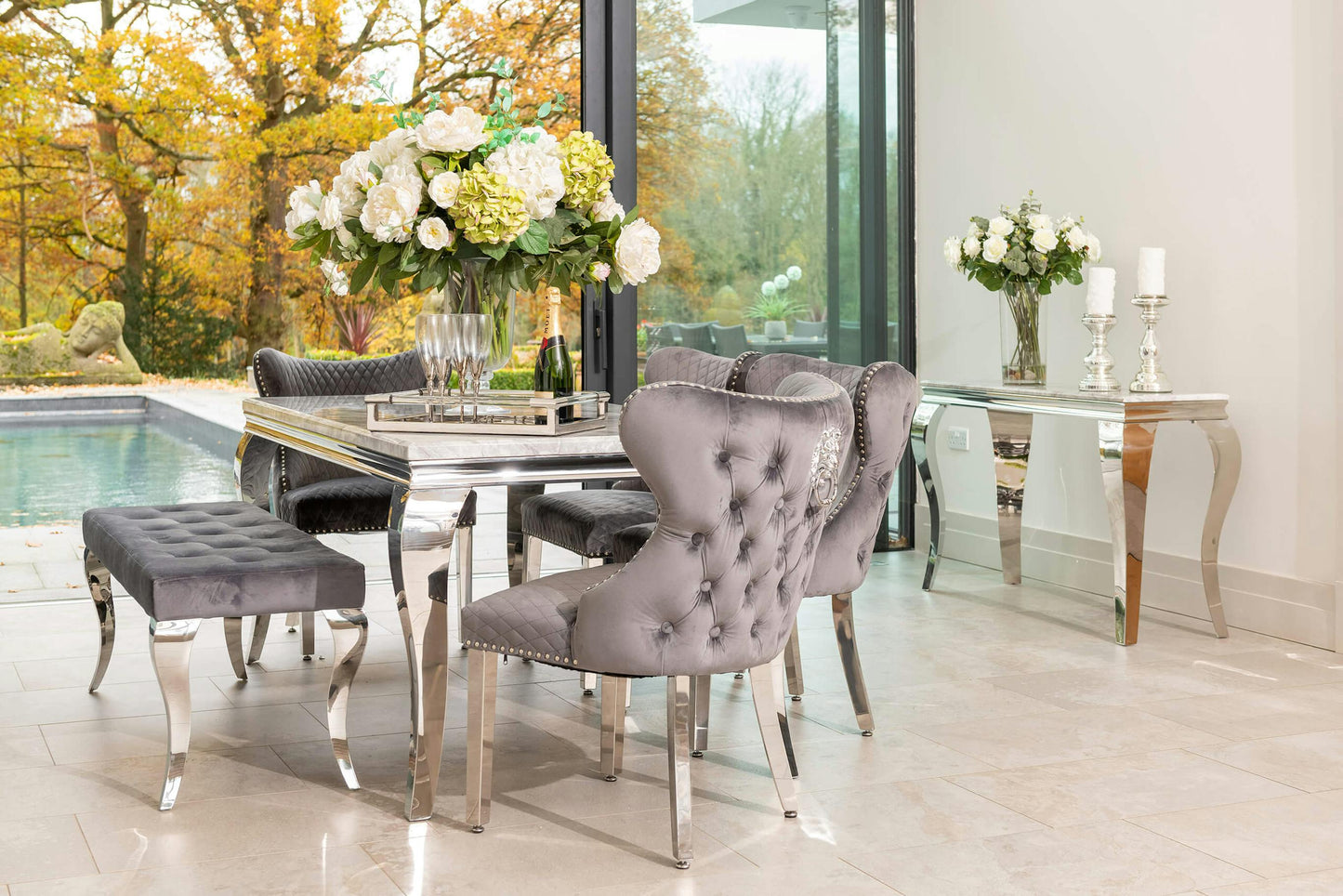 Louis Marble Dining Set with Emperor Chairs, Dark Grey