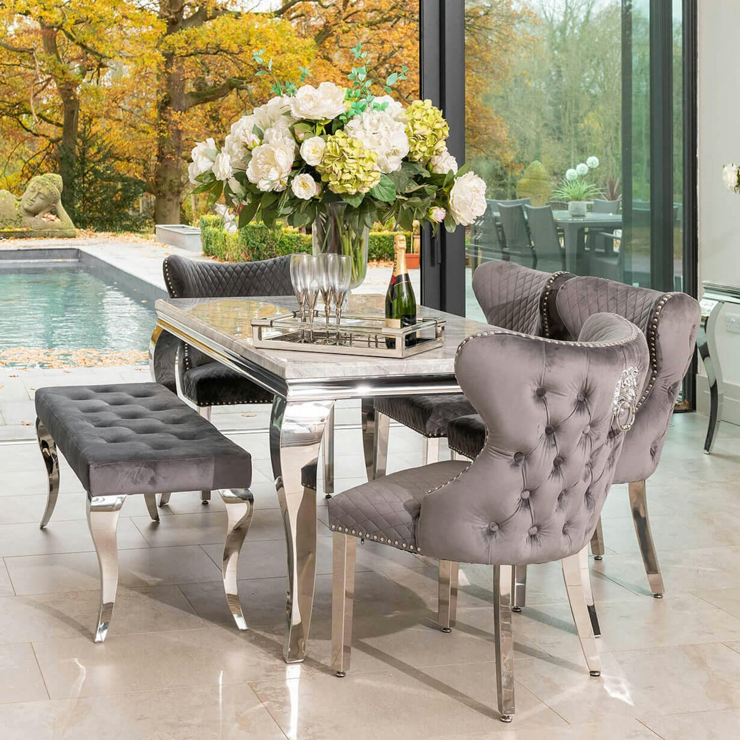 Louis Marble Dining Set with Emperor Chairs, Dark Grey