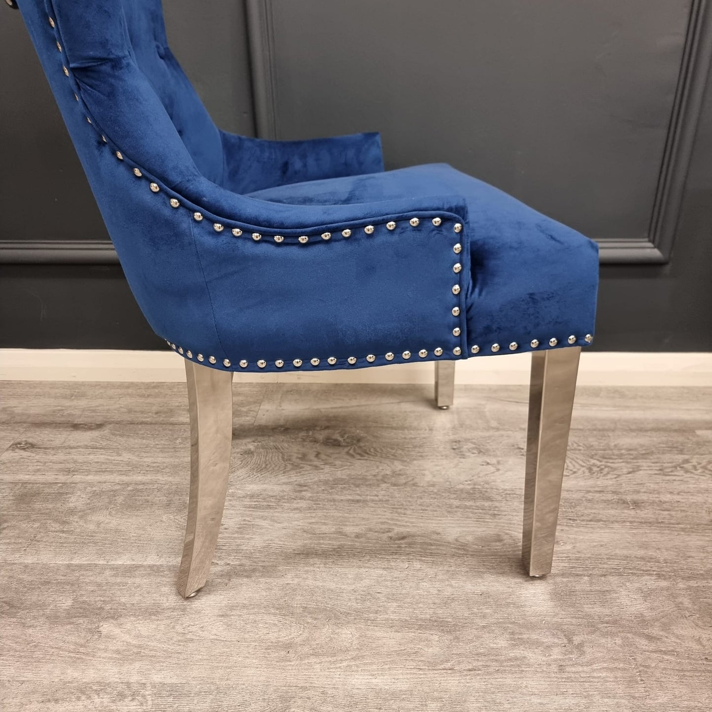 Chrome Ring Knocker Blue Velvet Dining Chair