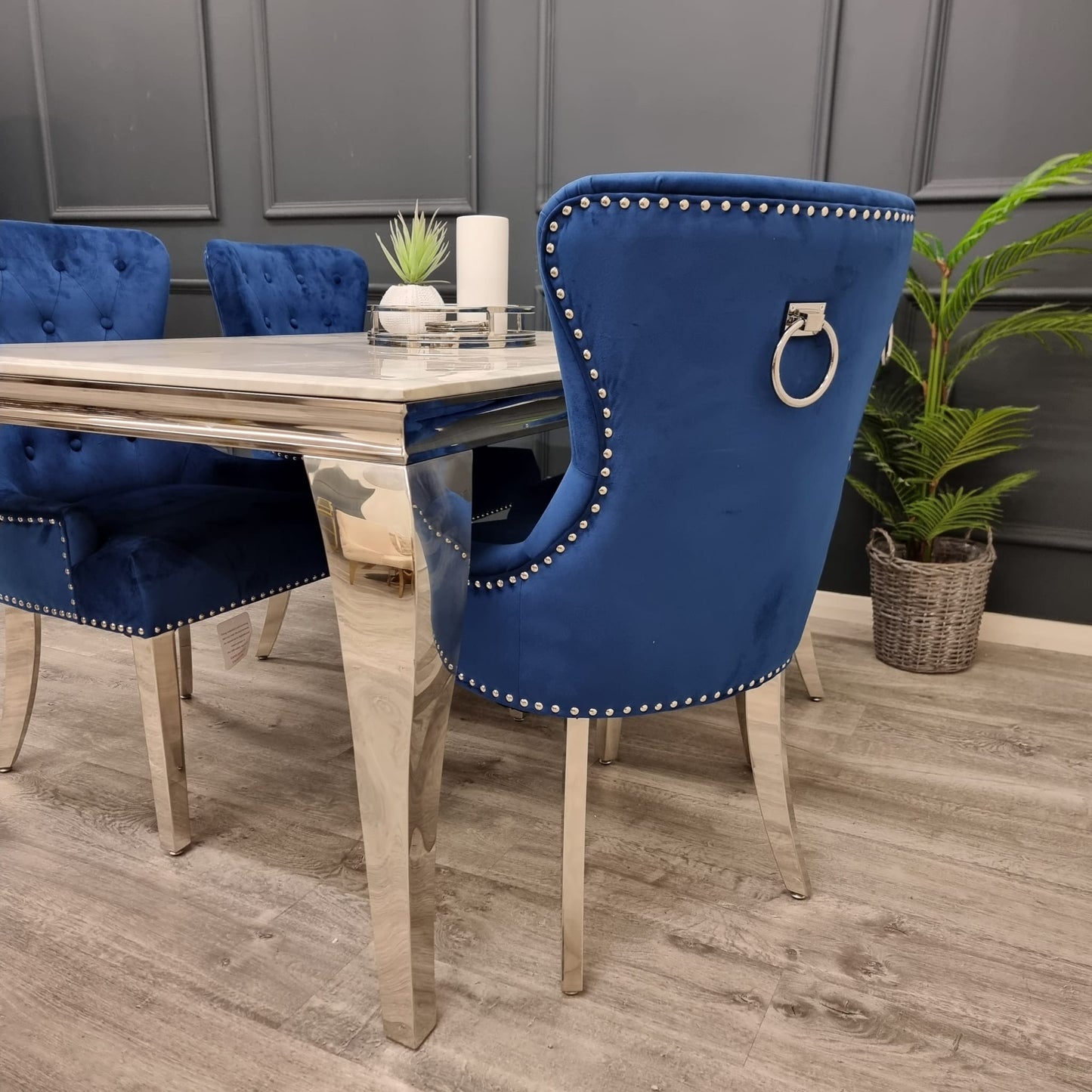 Chrome Ring Knocker Blue Velvet Dining Chair