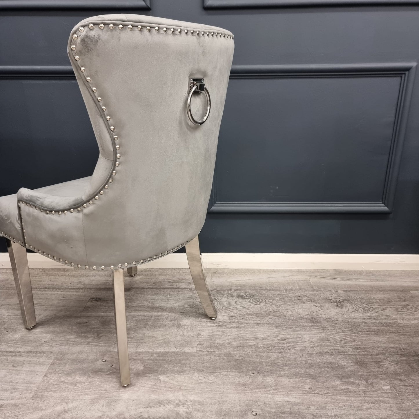 Chrome Ring Knocker Light Grey Velvet Dining Chair