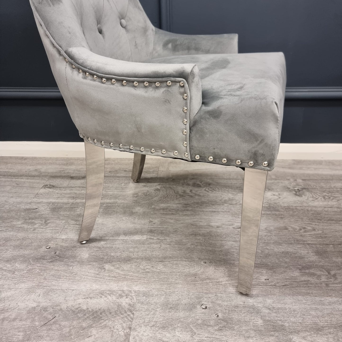 Chrome Ring Knocker Light Grey Velvet Dining Chair